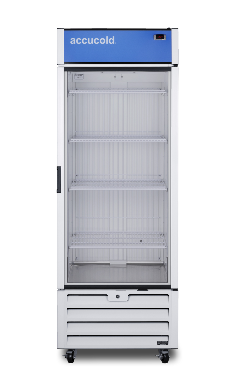 21.34 cu.ft. upright commercial display freezer with self-closing glass door, front lock, and white cabinet